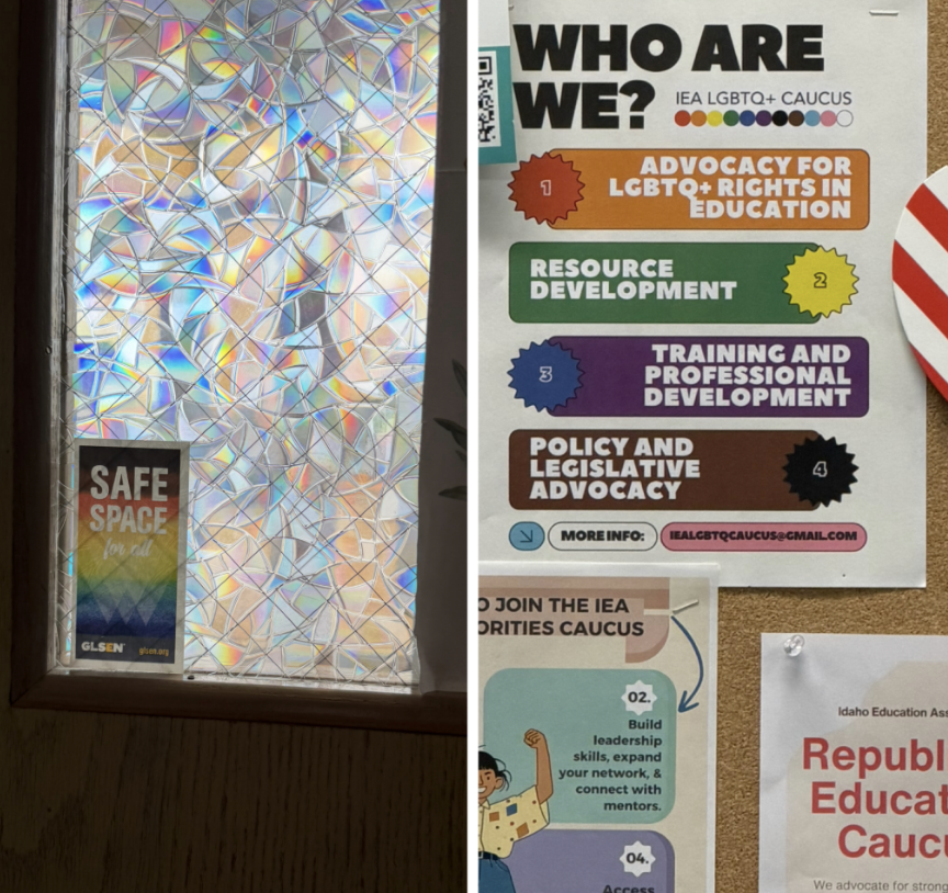 IEA LGBTQ+ Caucus flyer on staff bulletin board