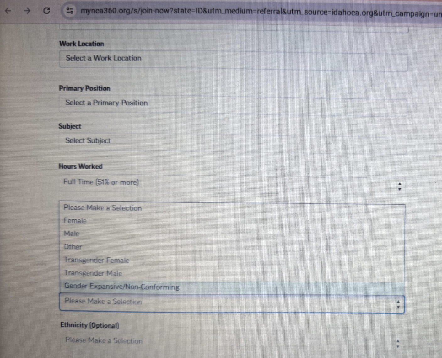 IEA/NEA membership form gender identity dropdown