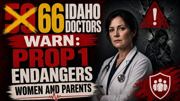 AI-generated graphic: 59 crossed out, 66 Idaho doctors warn Prop 1 endangers women and parents.