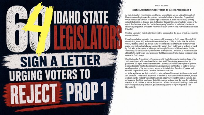 64 Idaho state legislators sign a letter urging voters to reject Prop 1