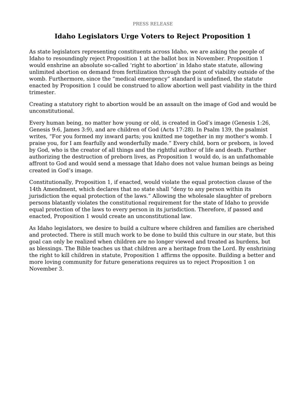 Press release letter titled Idaho Legislators Urge Voters to Reject Proposition 1
