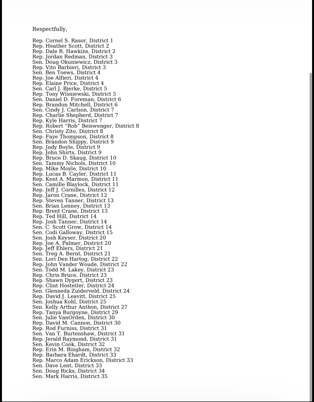 Signature page listing 64 Idaho legislators who signed the letter opposing Proposition 1